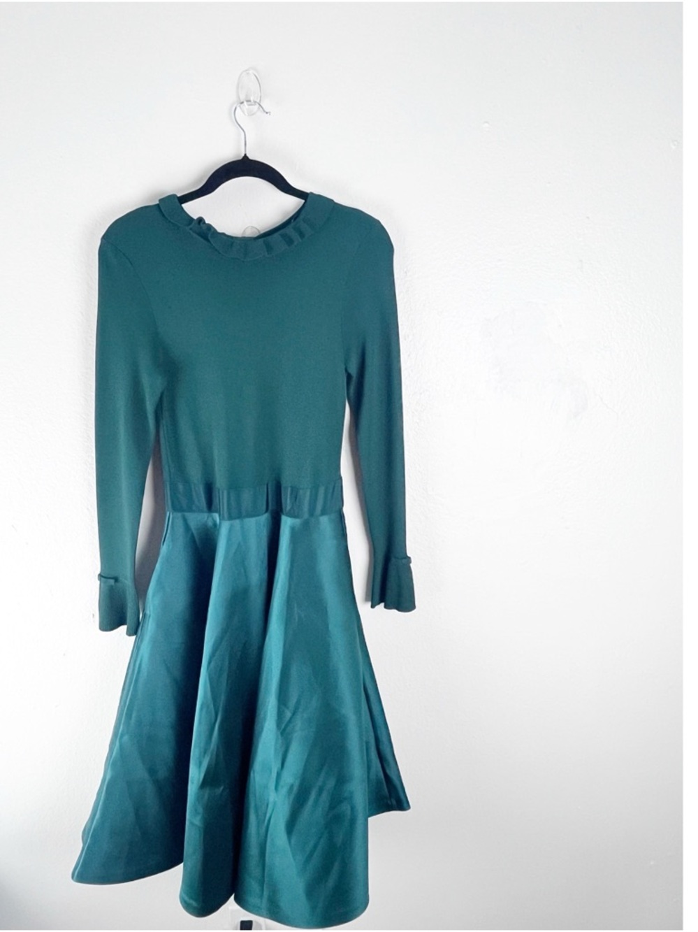 TED BAKER Dark Green Long Sleeves Ruffle Neck Knitted Frill Full Skirt Dress 2